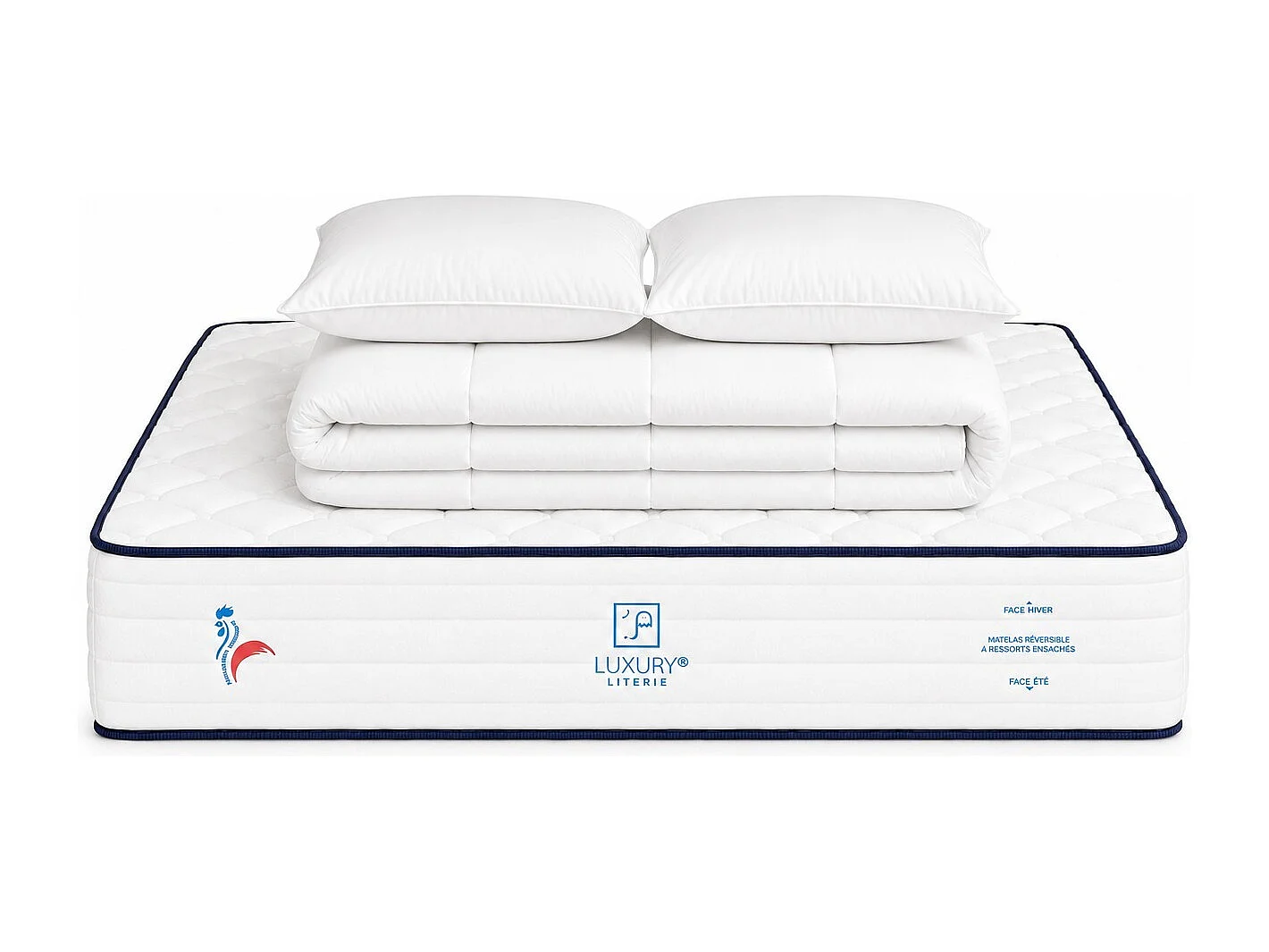 Matelas Patriote, 30cm, Ressorts Ensachés, Indépendance du Couchage, Soutien ferme + oreiller(s) + couette