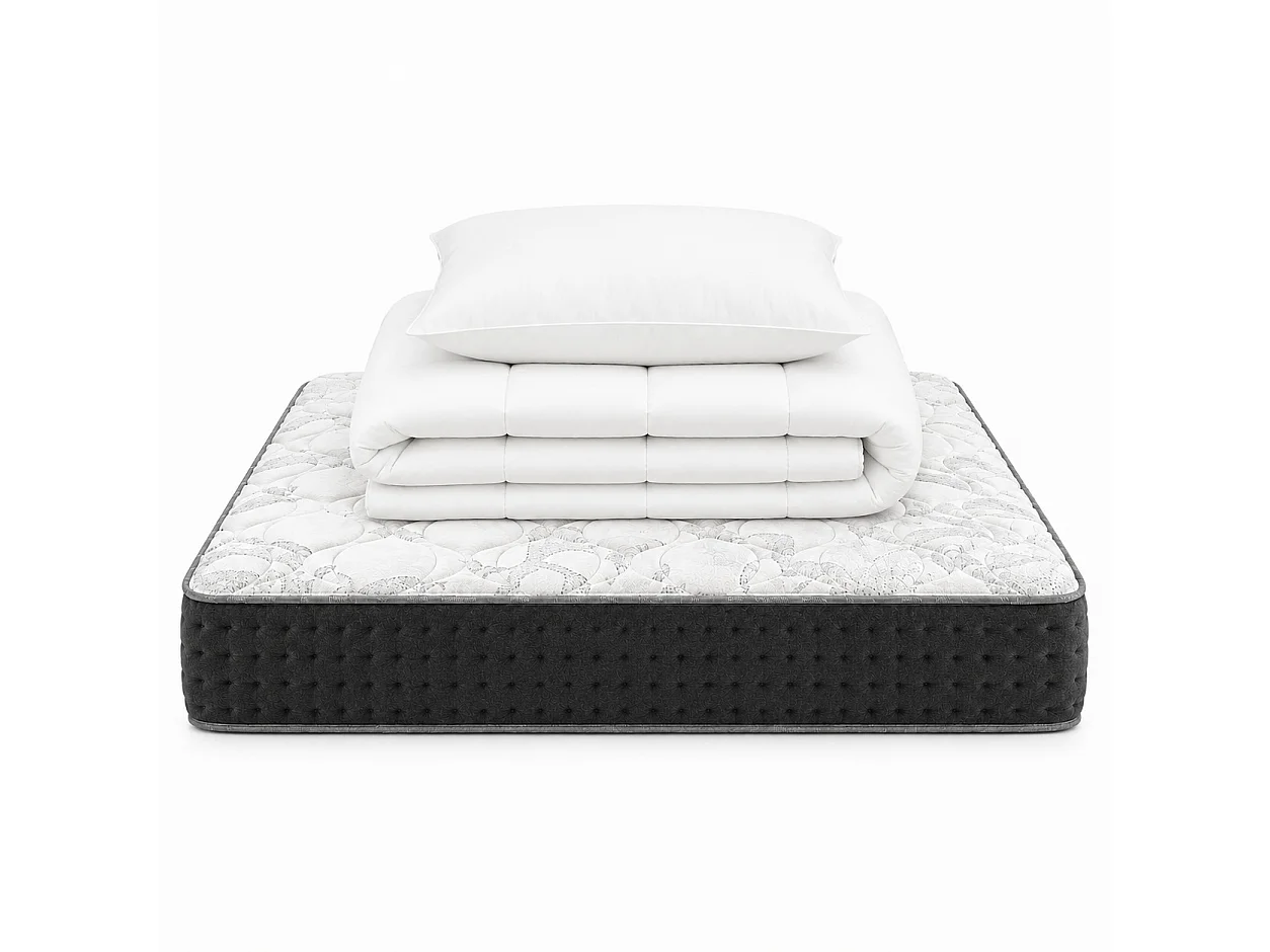 Matelas Sérénité, 27cm, Ressorts Ensachés, Mousse Haute Densité, ergonomique, Soutien très ferme + oreiller(s) + couette