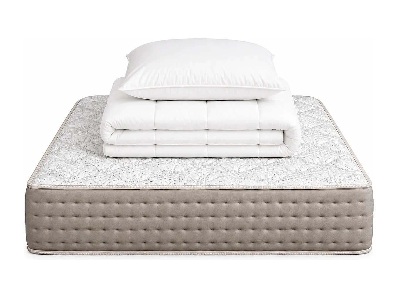 Matelas Dreamlux, 27 cm , ressorts ensachés, mousse haute densité, indépendance du couchage, réversible + oreiller(s) + couette