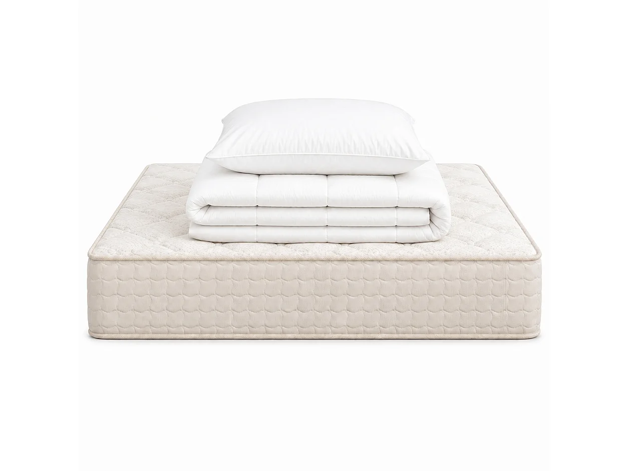 Matelas Sublime, 20 cm, mousse haute densité, ferme, réversible + oreiller(s) + couette