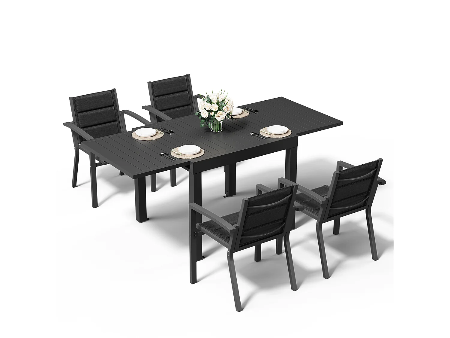 Ensemble salle à manger d'extérieur en aluminium : une table extensible (L. 80/160 cm) + 4 fauteuils empilables – anthracite + anthracite – Marque DEVOKE