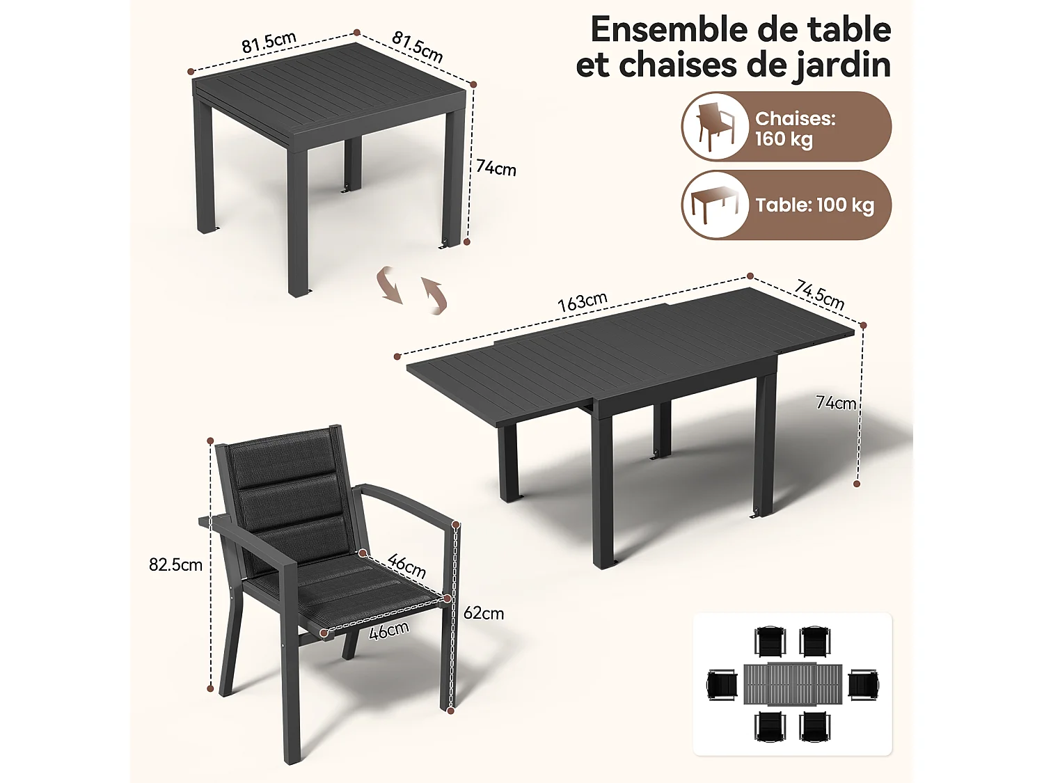 Ensemble de 7 pièces : sièges de jardin en aluminium étanche et résistant aux intempéries, mobilier d'extérieur, table et chaises de jardin