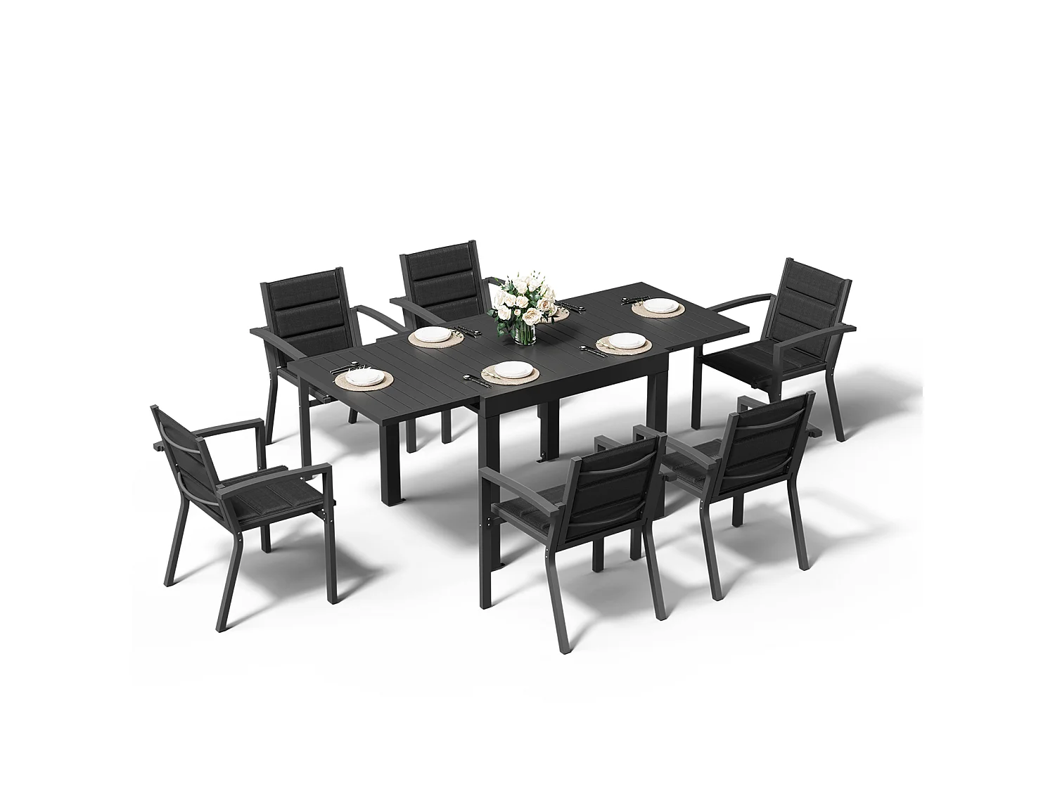 Ensemble salle à manger d'extérieur en aluminium : une table extensible (L. 80/160 cm) + 6 fauteuils empilables – anthracite + anthracite – Marque DEVOKE