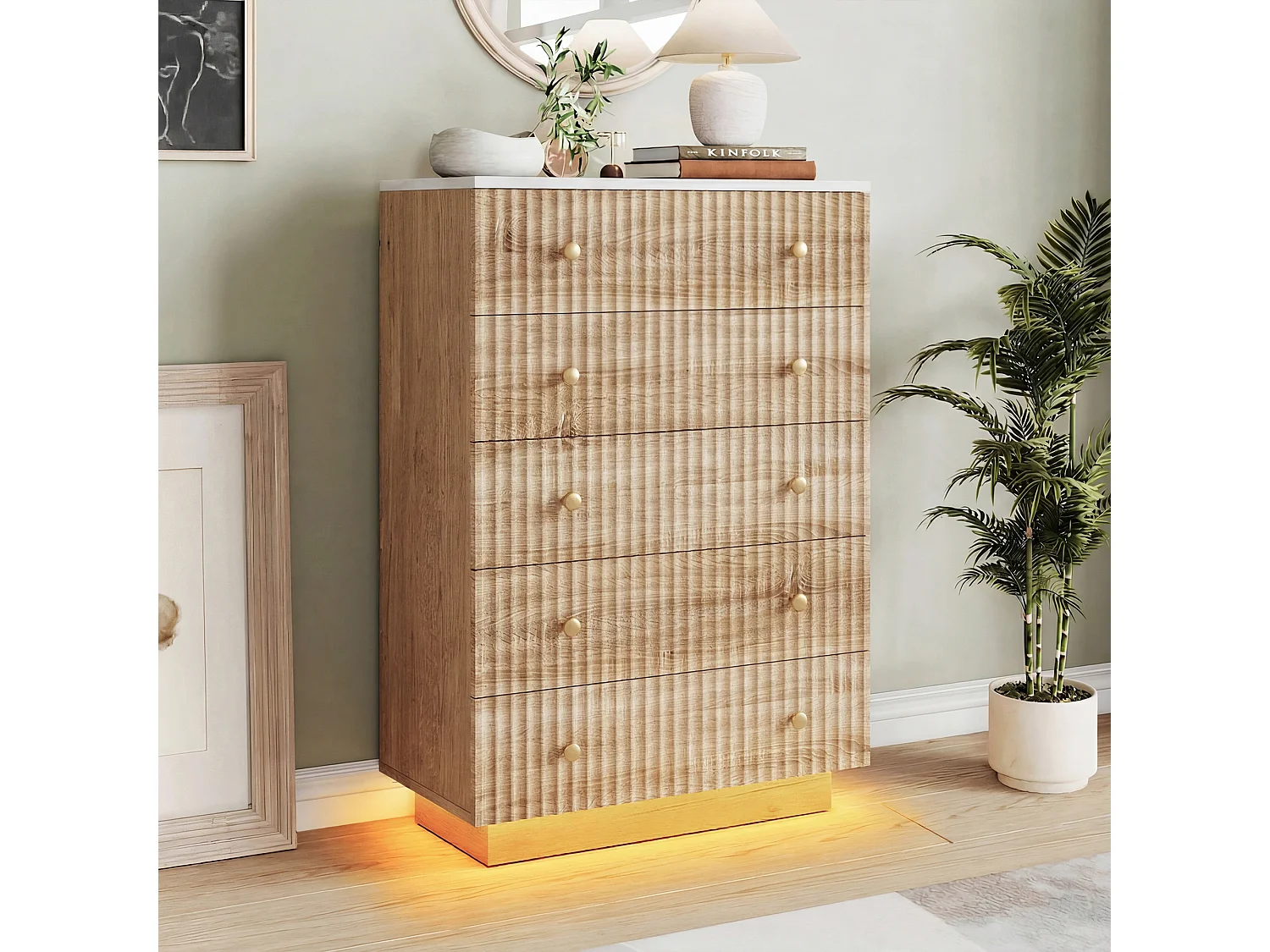 Kommode mit 5 Schubladen, Schlafzimmerschrank mit LED-Beleuchtung, Flurschrank, Naturholz, 73 x 40 x 110 cm