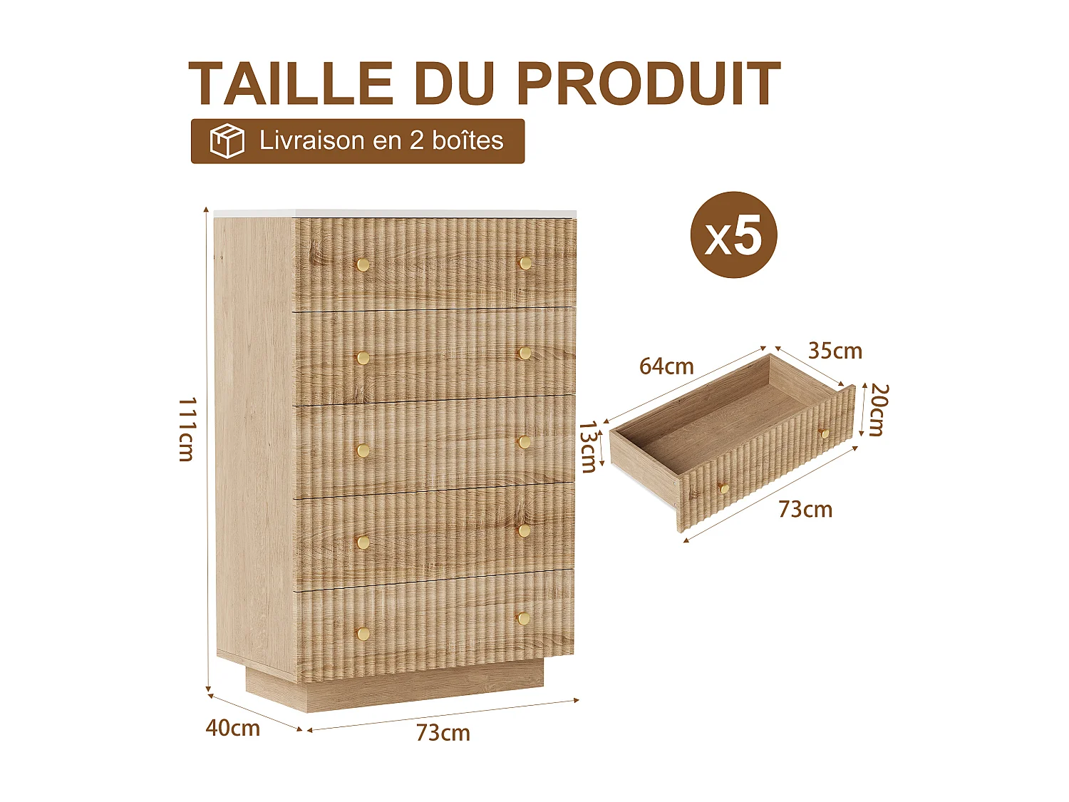 Kommode mit 5 Schubladen, Schlafzimmerschrank mit LED-Beleuchtung, Flurschrank, Naturholz, 73 x 40 x 110 cm