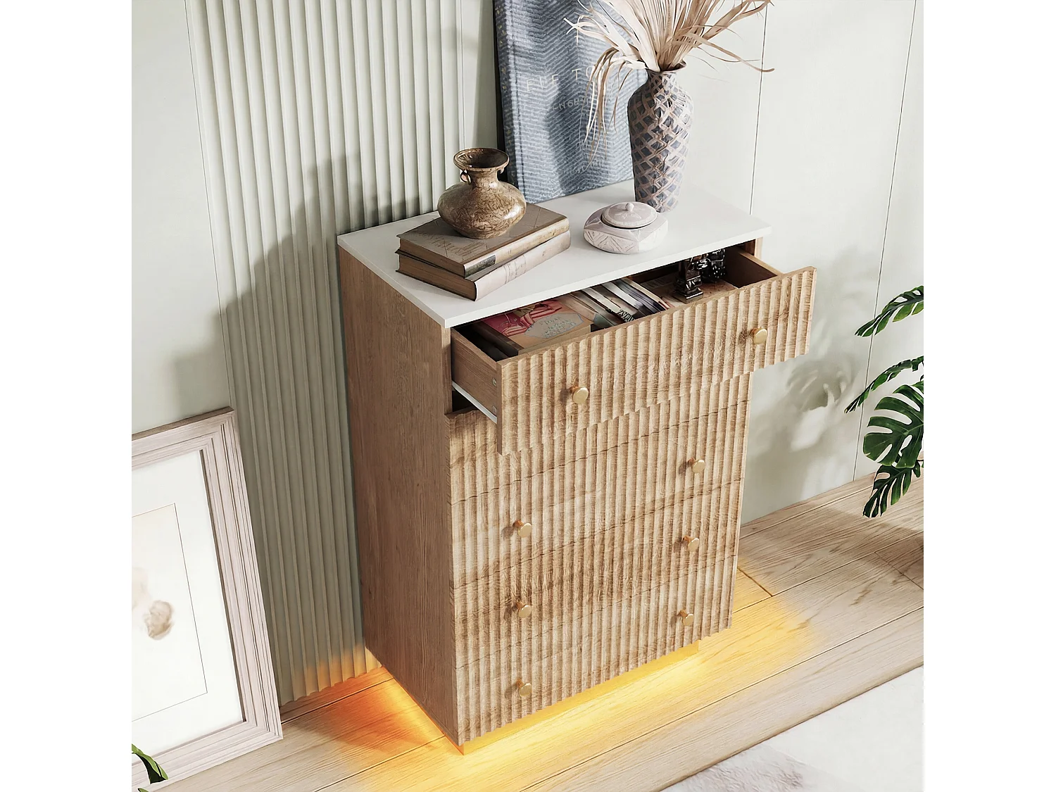 Kommode mit 5 Schubladen, Schlafzimmerschrank mit LED-Beleuchtung, Flurschrank, Naturholz, 73 x 40 x 110 cm