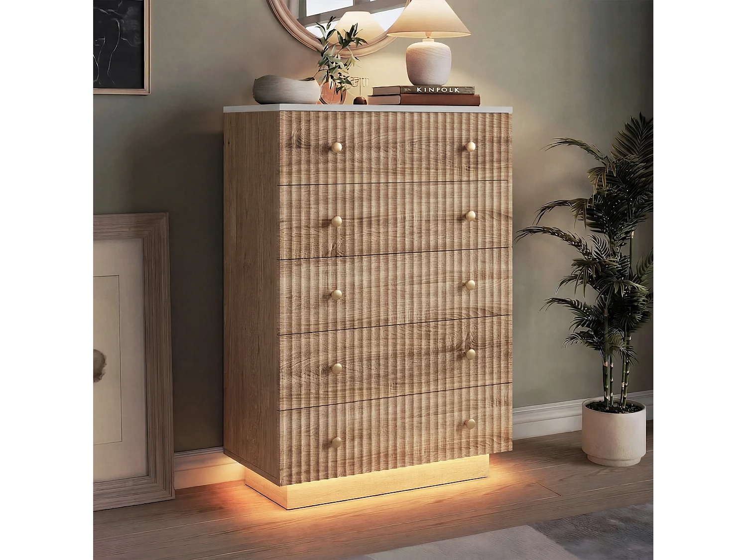 Kommode mit 5 Schubladen, Schlafzimmerschrank mit LED-Beleuchtung, Flurschrank, Naturholz, 73 x 40 x 110 cm