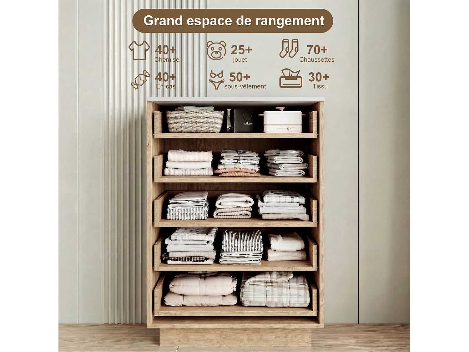 Kommode mit 5 Schubladen, Schlafzimmerschrank mit LED-Beleuchtung, Flurschrank, Naturholz, 73 x 40 x 110 cm