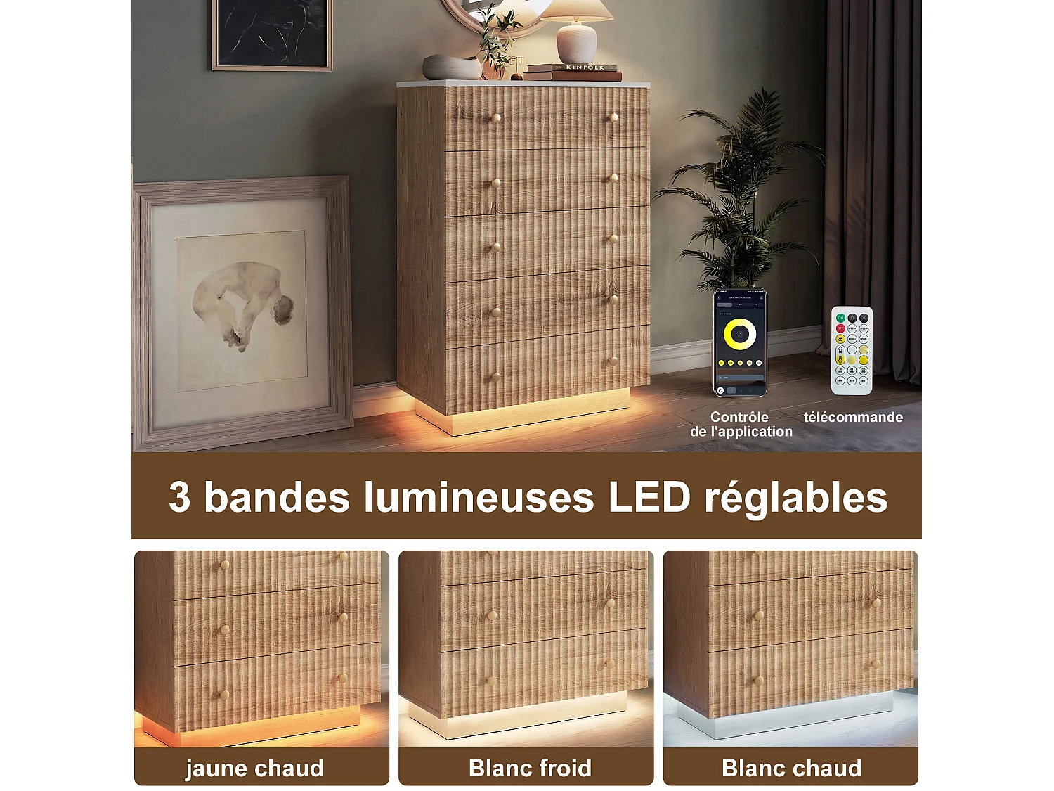 Kommode mit 5 Schubladen, Schlafzimmerschrank mit LED-Beleuchtung, Flurschrank, Naturholz, 73 x 40 x 110 cm