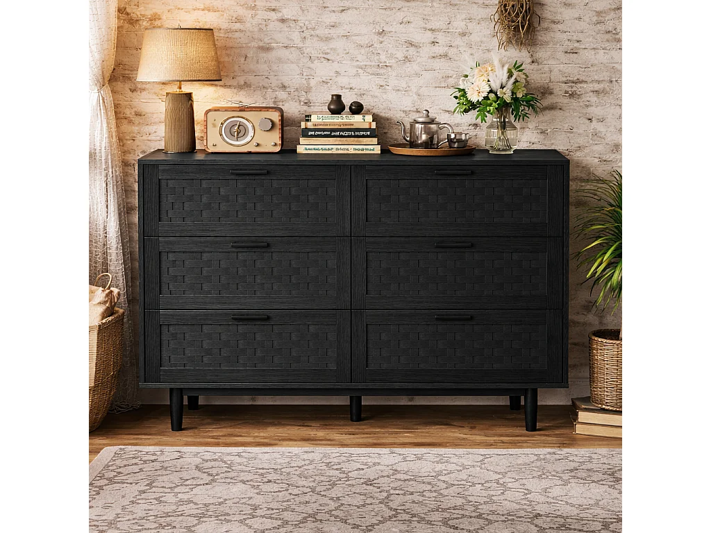 Commode 6 tiroirs chambre, conception anti-basculement et cadre en bois, pour salon, entrée, 115x40x80 cm, Noir