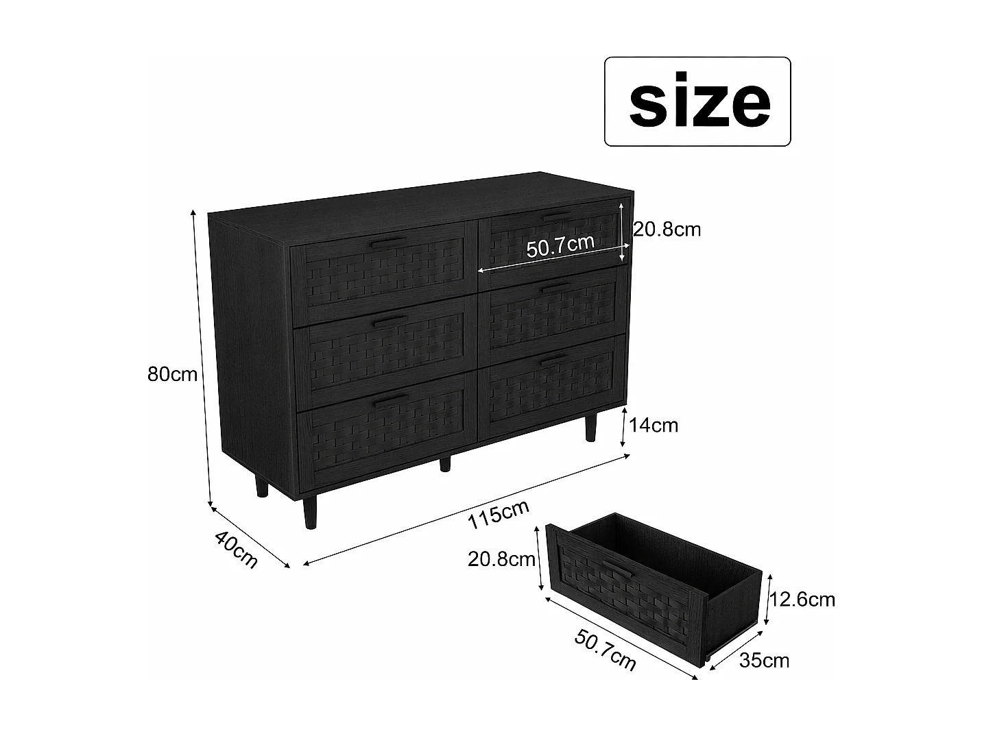 Commode 6 tiroirs chambre, conception anti-basculement et cadre en bois, pour salon, entrée, 115x40x80 cm, Noir