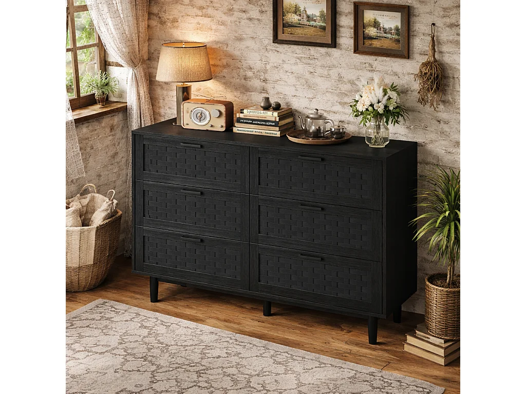 Commode 6 tiroirs chambre, conception anti-basculement et cadre en bois, pour salon, entrée, 115x40x80 cm, Noir