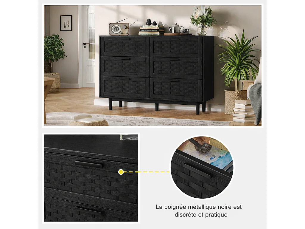 Commode 6 tiroirs chambre, conception anti-basculement et cadre en bois, pour salon, entrée, 115x40x80 cm, Noir