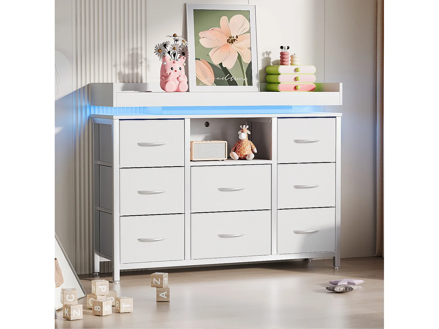 Kommode mit 8 Stoffschubladen – Industriedesign – Metallgestell – 108 x 30 x 82 cm – Weiß