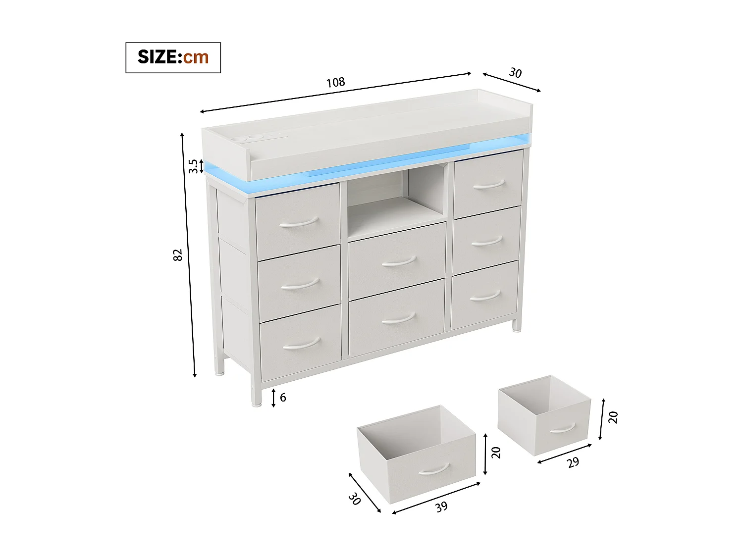 Kommode mit 8 Stoffschubladen – Industriedesign – Metallgestell – 108 x 30 x 82 cm – Weiß