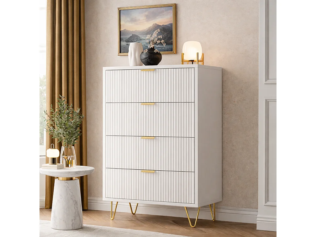 Commode chambre avec 4 tiroirs, commode chambre adulte avec poignées et pieds dorés pour chambre à coucher, salon, blanc