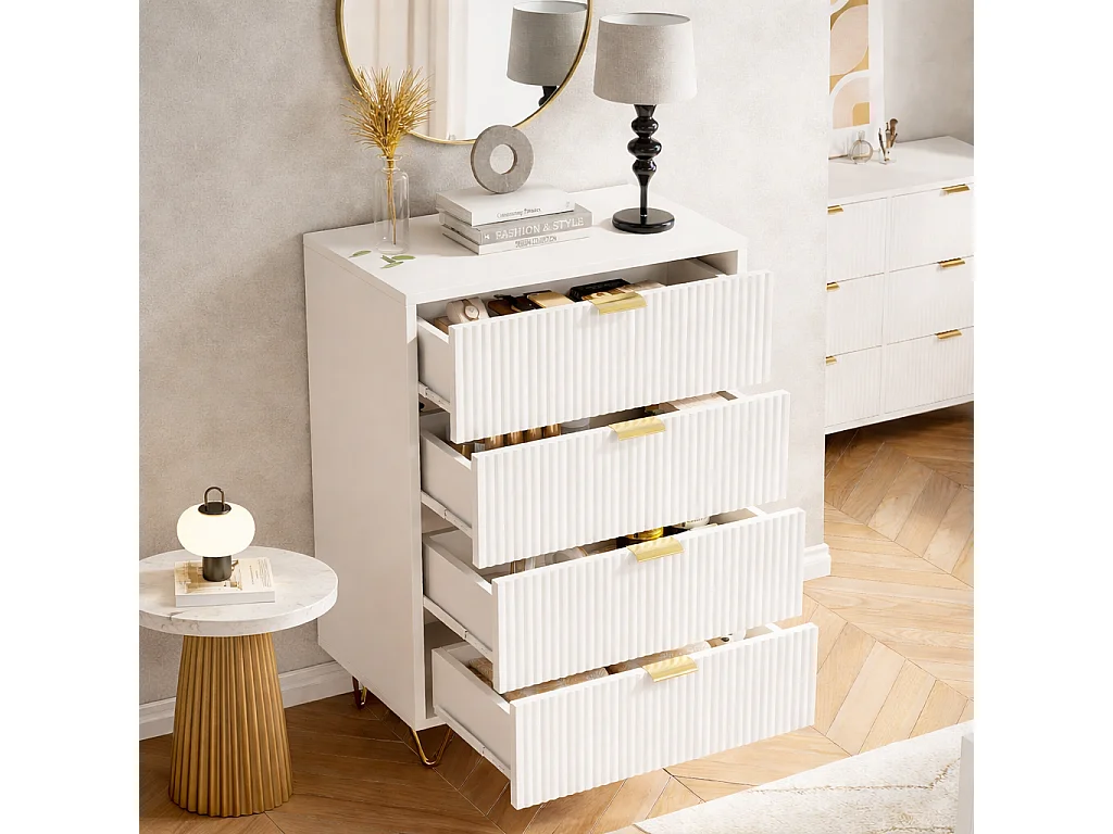 Commode chambre avec 4 tiroirs, commode chambre adulte avec poignées et pieds dorés pour chambre à coucher, salon, blanc