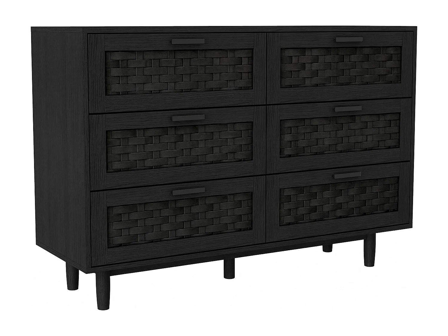 Commode en rotin avec 6 tiroirs, armoire à tiroirs en bois avec façade en rotin, 115 x 40 x 80 cm, Noir