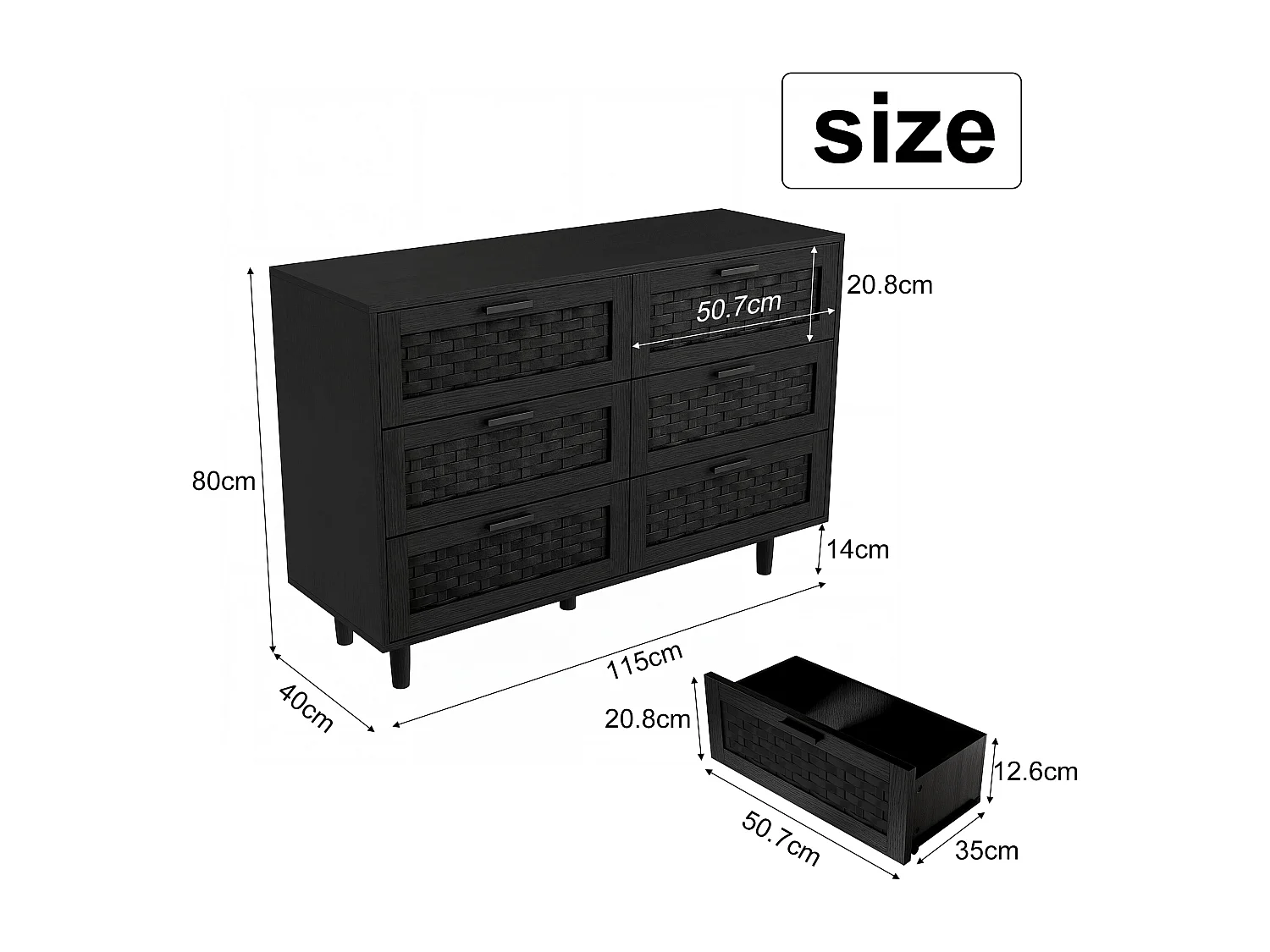 Commode en rotin avec 6 tiroirs, armoire à tiroirs en bois avec façade en rotin, 115 x 40 x 80 cm, Noir