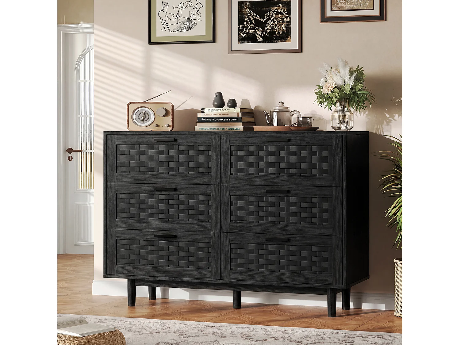 Commode en rotin avec 6 tiroirs, armoire à tiroirs en bois avec façade en rotin, 115 x 40 x 80 cm, Noir