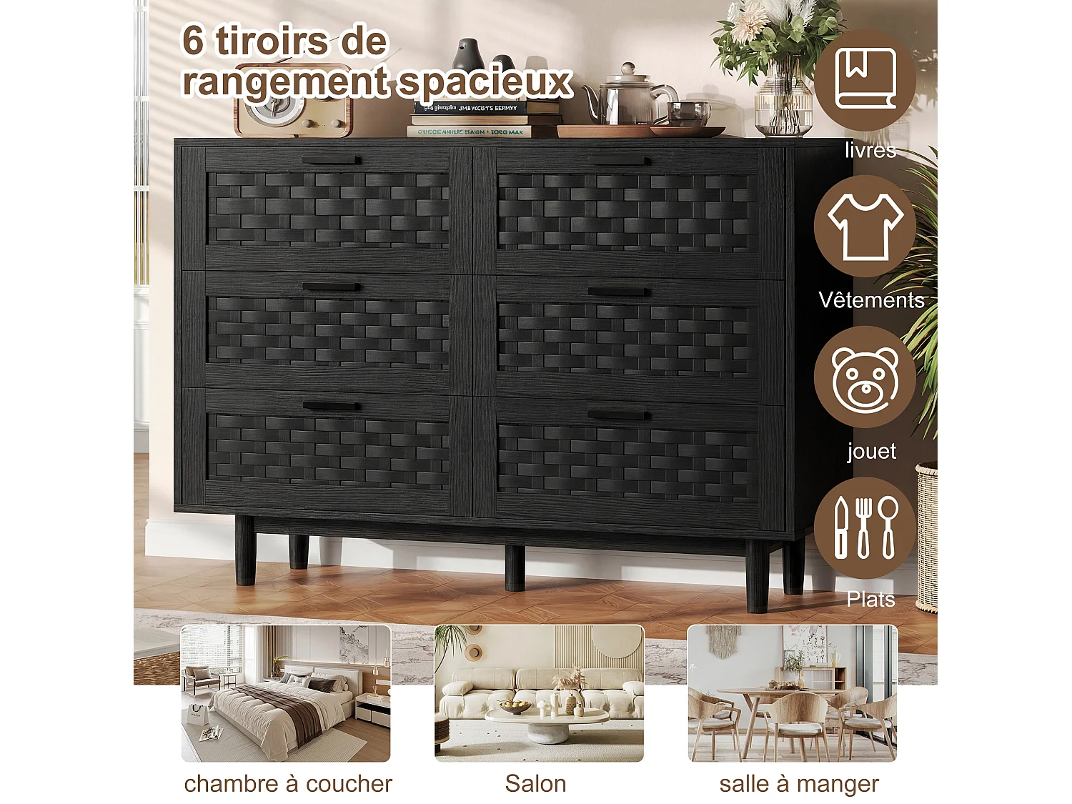 Commode en rotin avec 6 tiroirs, armoire à tiroirs en bois avec façade en rotin, 115 x 40 x 80 cm, Noir