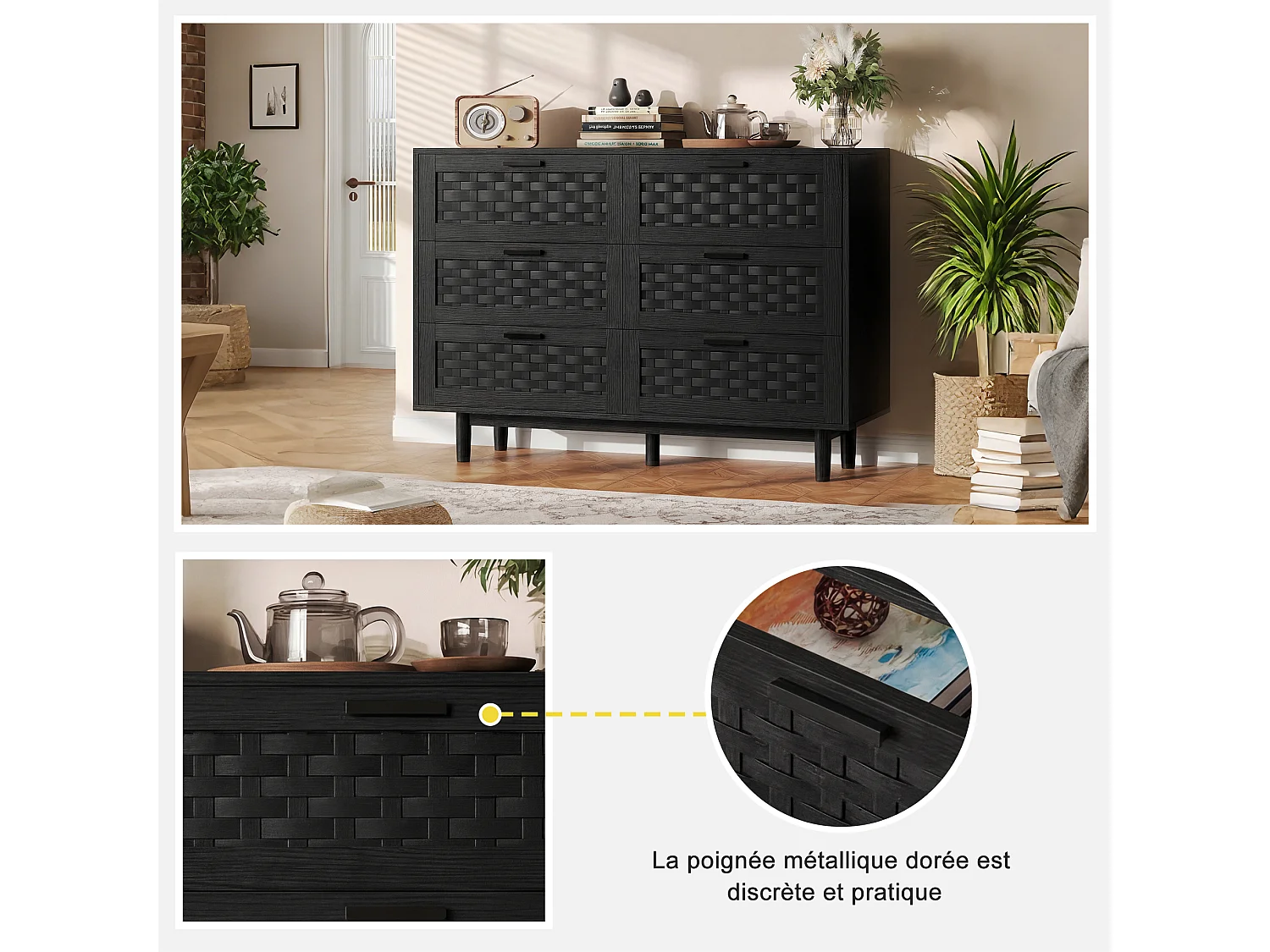 Commode en rotin avec 6 tiroirs, armoire à tiroirs en bois avec façade en rotin, 115 x 40 x 80 cm, Noir