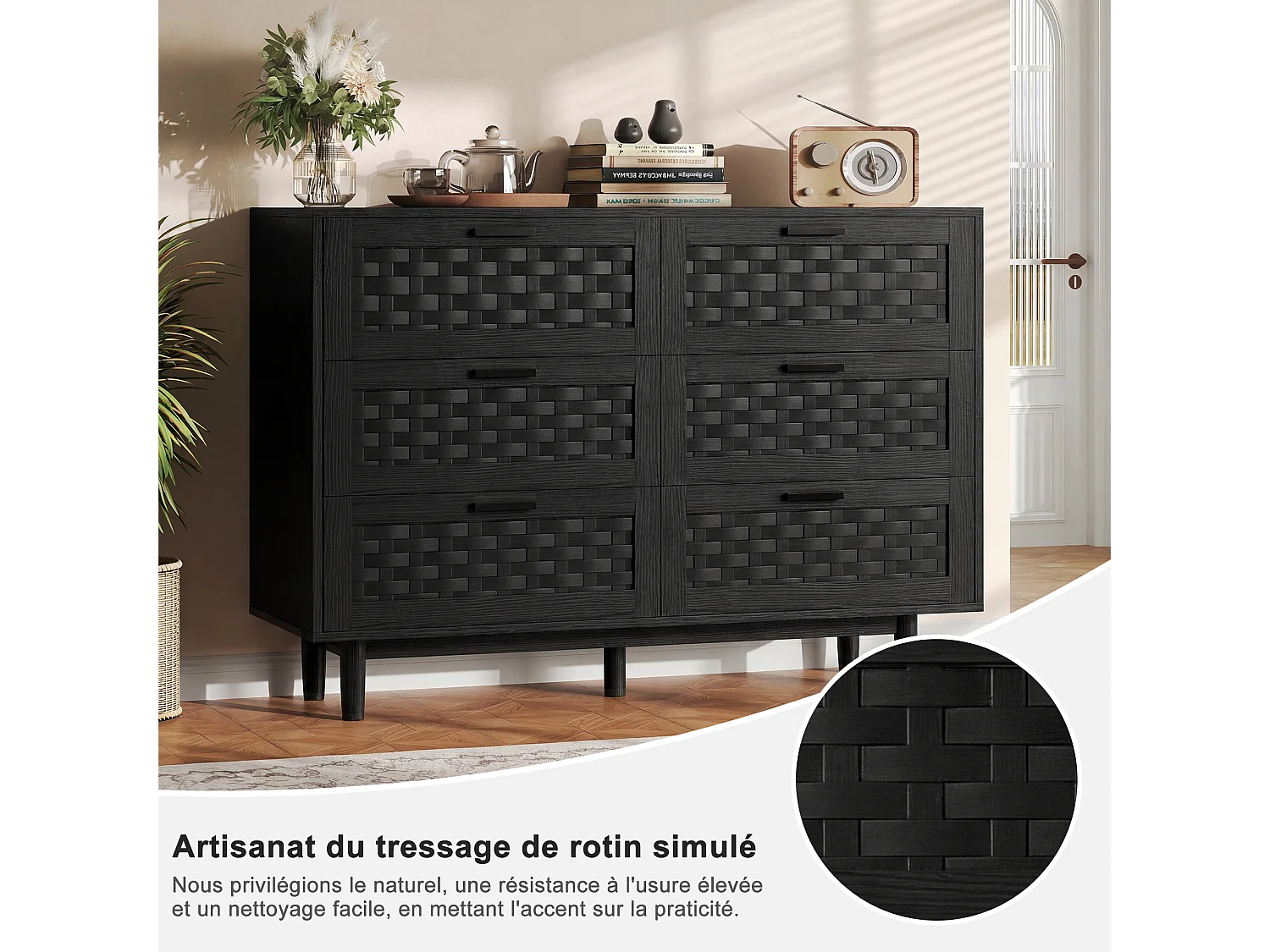 Commode en rotin avec 6 tiroirs, armoire à tiroirs en bois avec façade en rotin, 115 x 40 x 80 cm, Noir