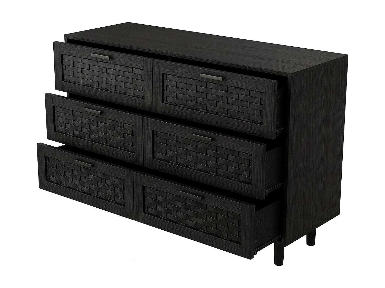 Commode en rotin avec 6 tiroirs, armoire à tiroirs en bois avec façade en rotin, 115 x 40 x 80 cm, Noir