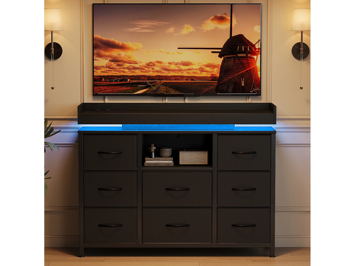 Kommode mit 8 Stoffschubladen – Industriedesign – Metallgestell – 108 x 30 x 82 cm – Schwarz