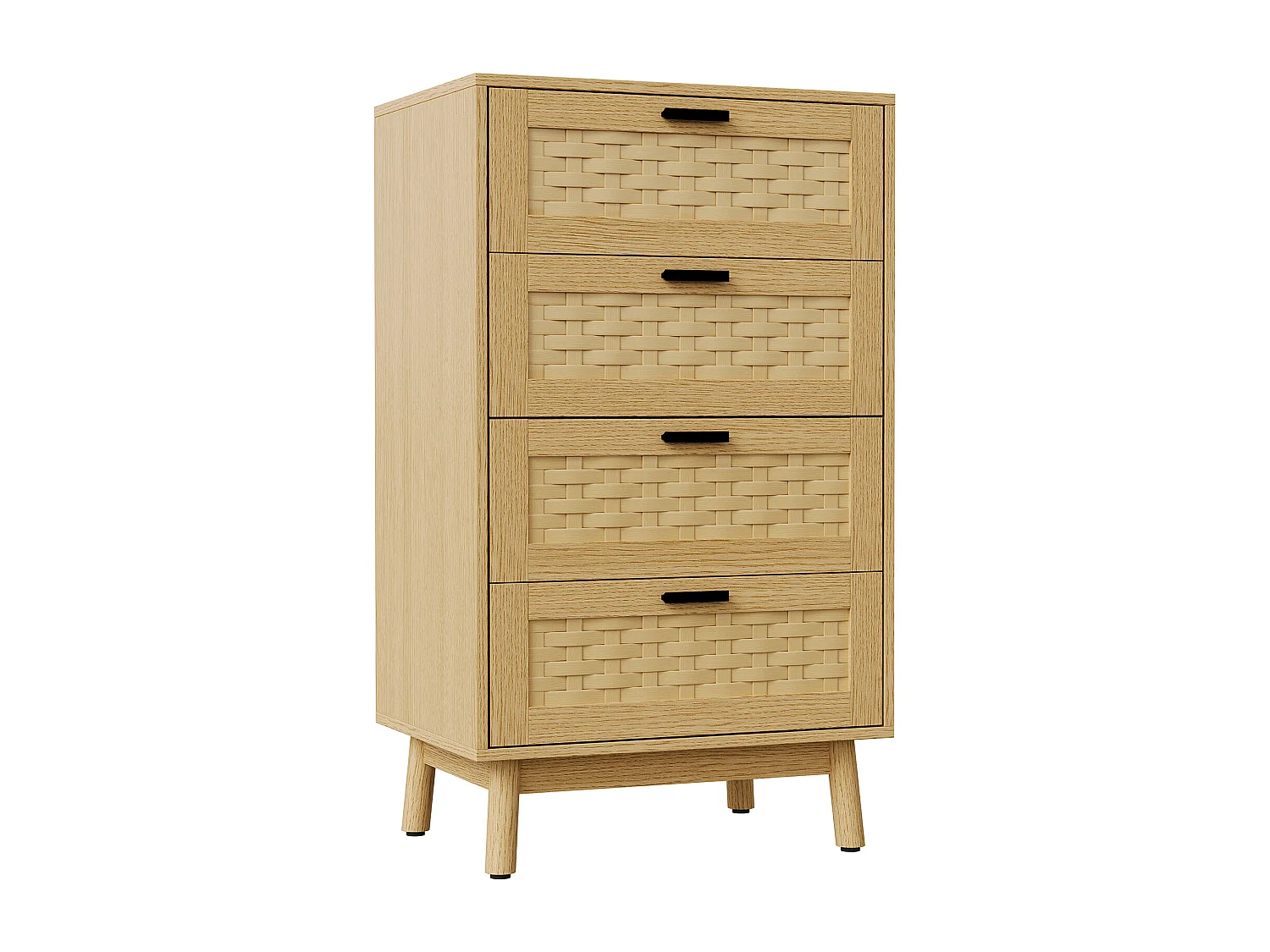 Commode 4 Tiroirs Effet Rotin PVC, Grande Capacité de Stockage, 55 x 39.8 x 95 cm, Couleur chêne