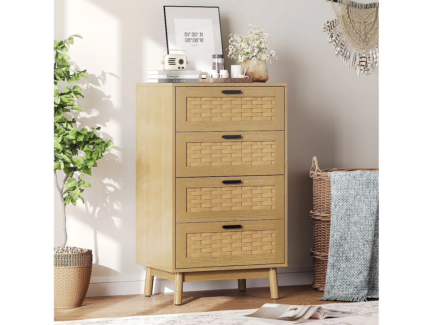 Commode 4 Tiroirs Effet Rotin PVC, Grande Capacité de Stockage, 55 x 39.8 x 95 cm, Couleur chêne