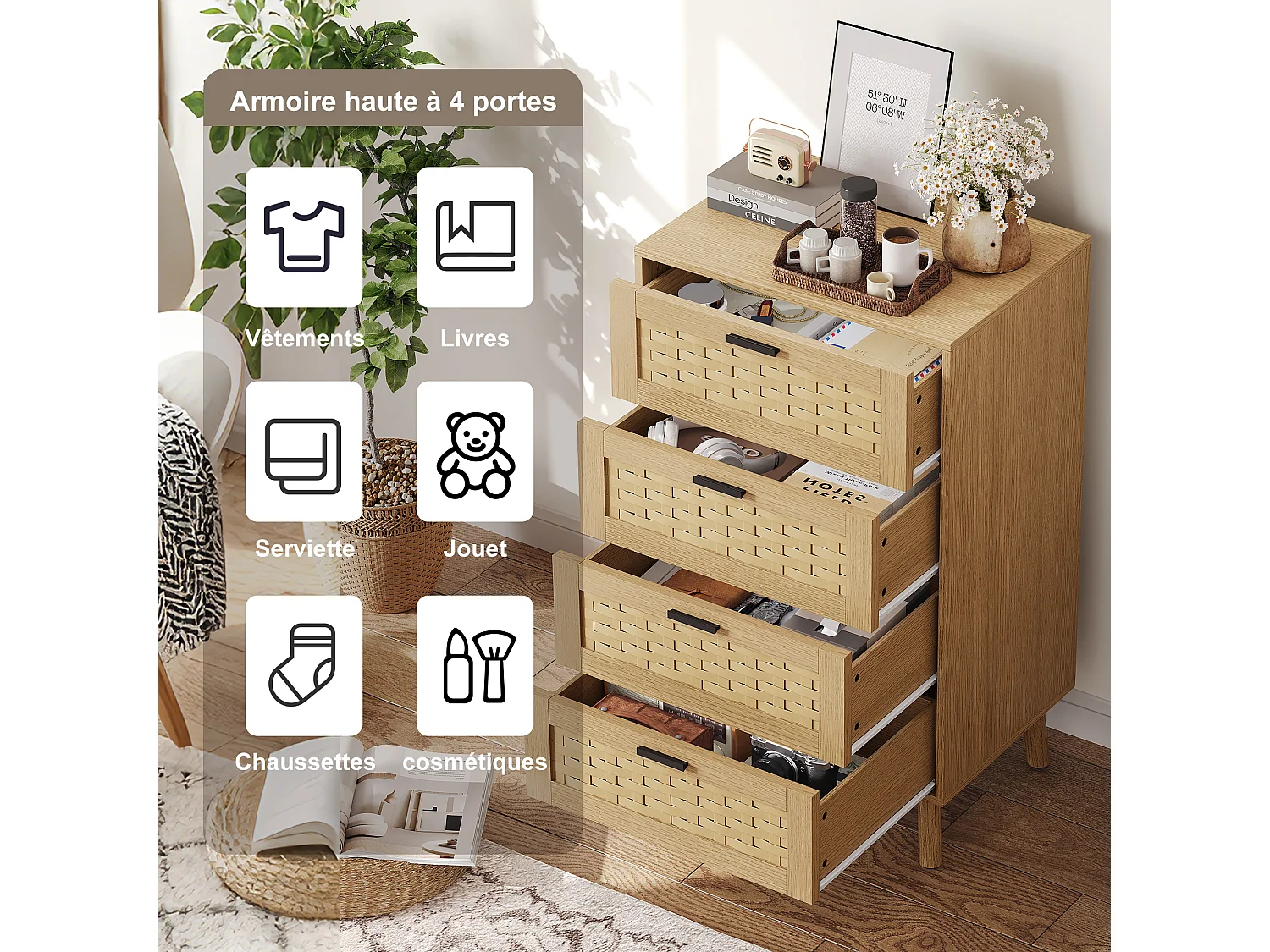 Commode 4 Tiroirs Effet Rotin PVC, Grande Capacité de Stockage, 55 x 39.8 x 95 cm, Couleur chêne