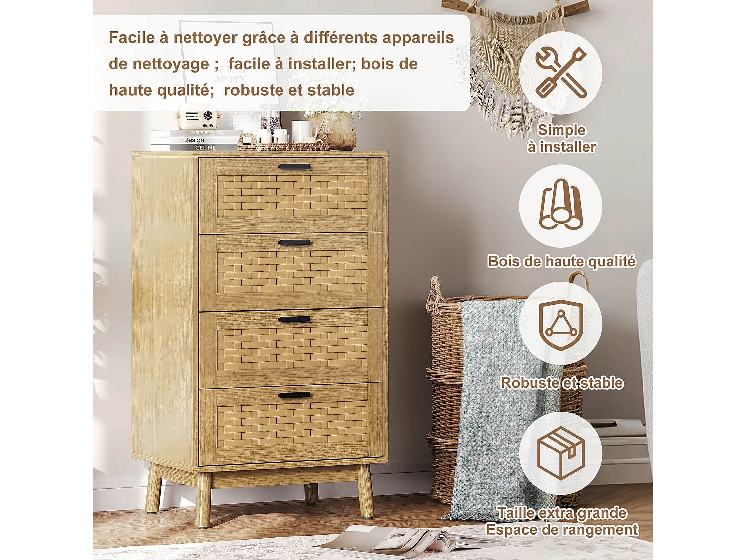 Commode 4 Tiroirs Effet Rotin PVC, Grande Capacité de Stockage, 55 x 39.8 x 95 cm, Couleur chêne