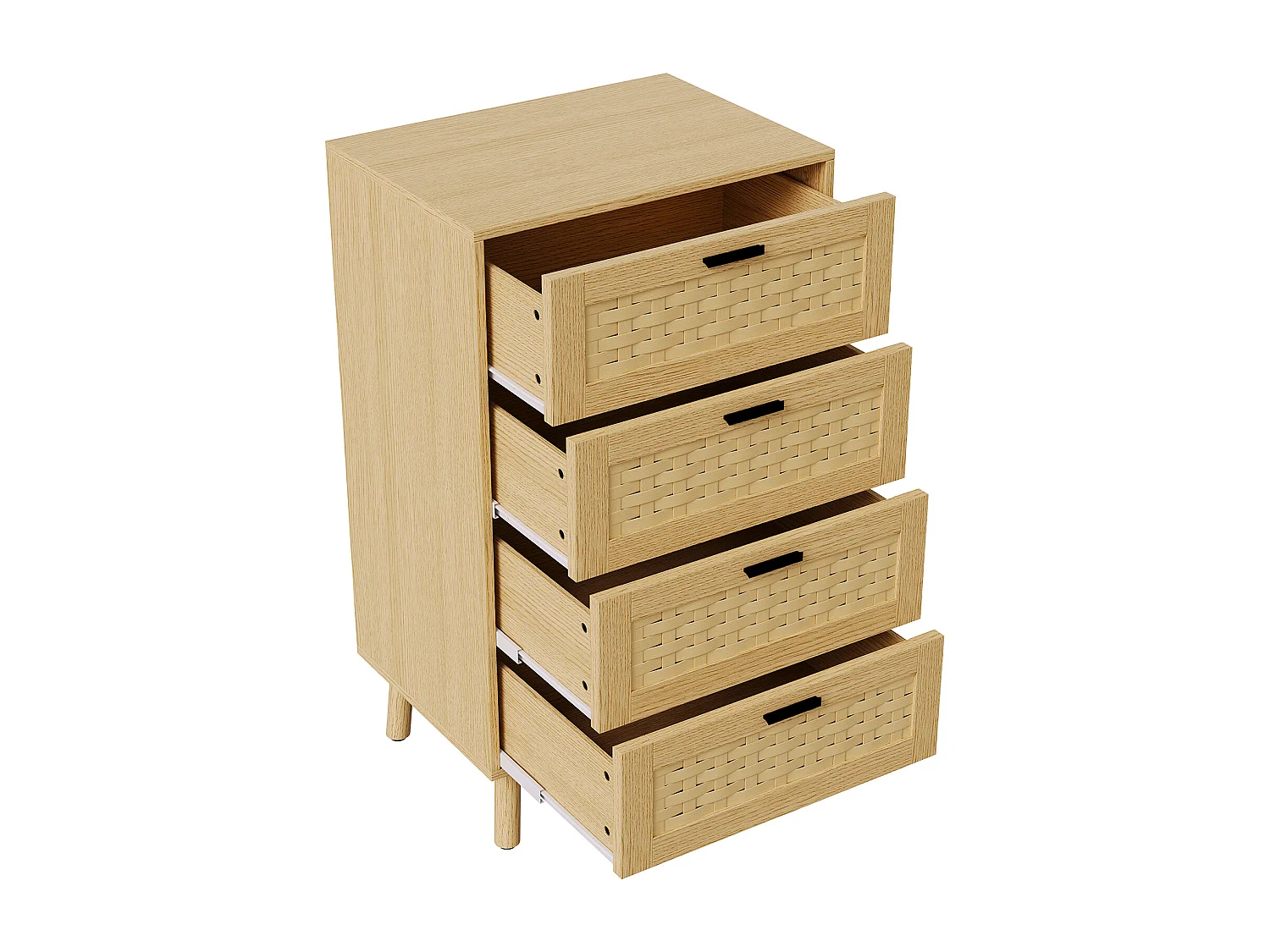Commode 4 Tiroirs Effet Rotin PVC, Grande Capacité de Stockage, 55 x 39.8 x 95 cm, Couleur chêne