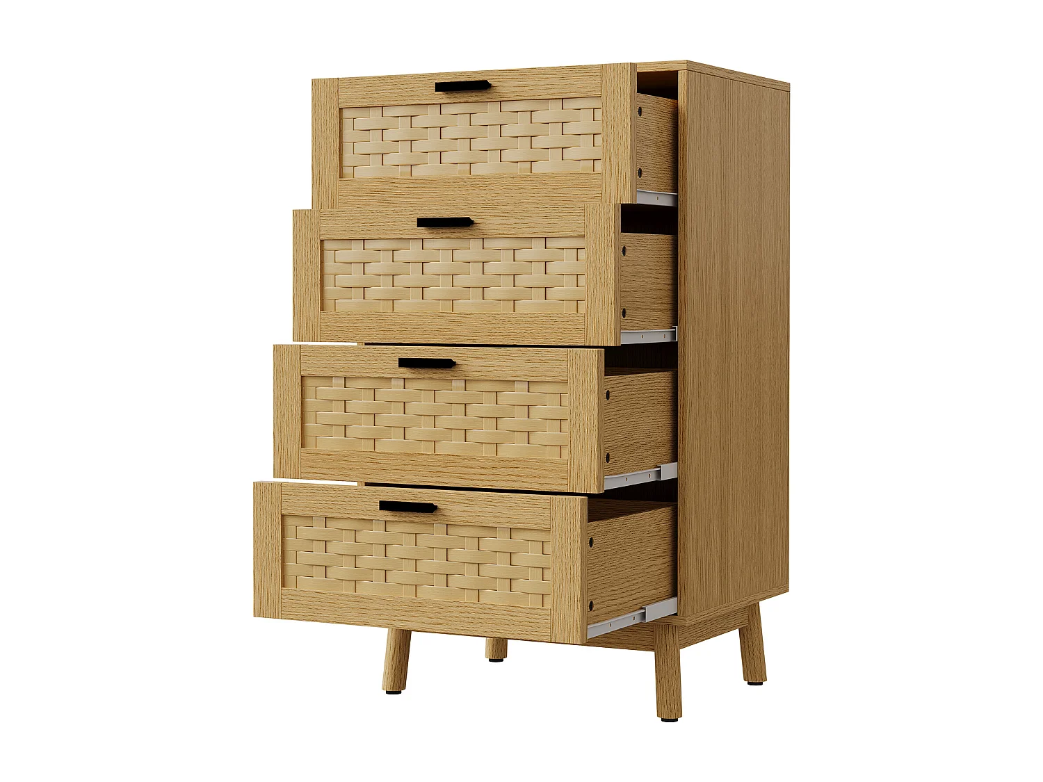 Commode 4 Tiroirs Effet Rotin PVC, Grande Capacité de Stockage, 55 x 39.8 x 95 cm, Couleur chêne