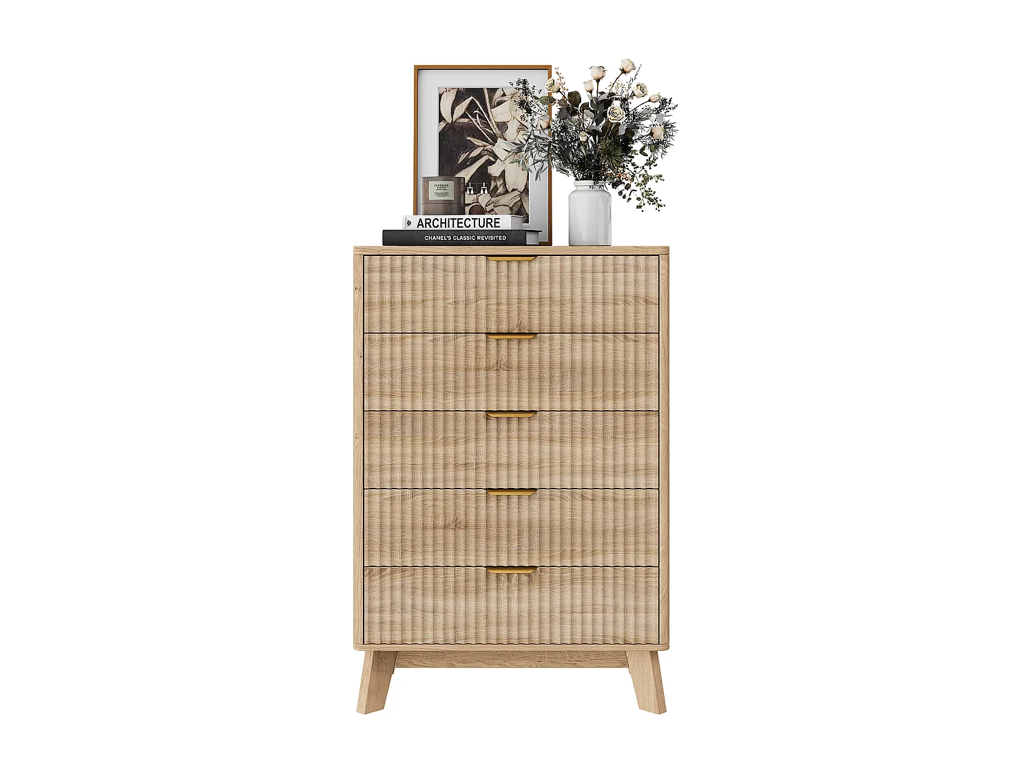 Commode 5 Tiroirs, Commode Chambre, Meuble de Rangement en Rotin-Bois,  73x40x108 cm, Couleur chêne