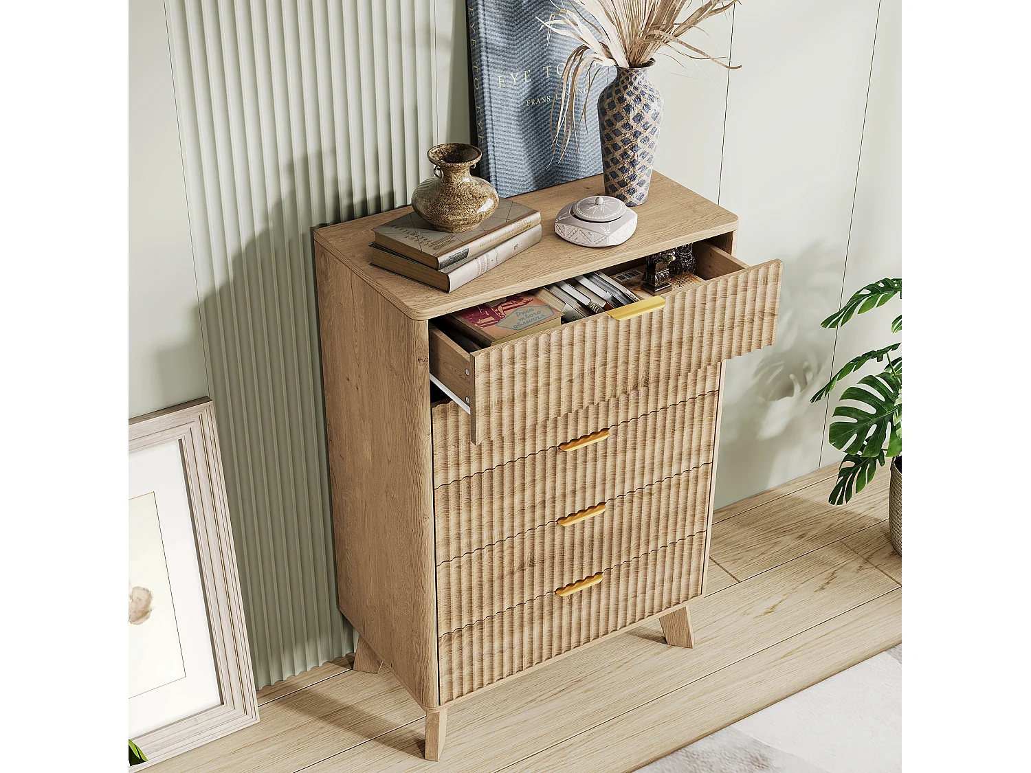 Commode 5 Tiroirs, Commode Chambre, Meuble de Rangement en Rotin-Bois,  73x40x108 cm, Couleur chêne