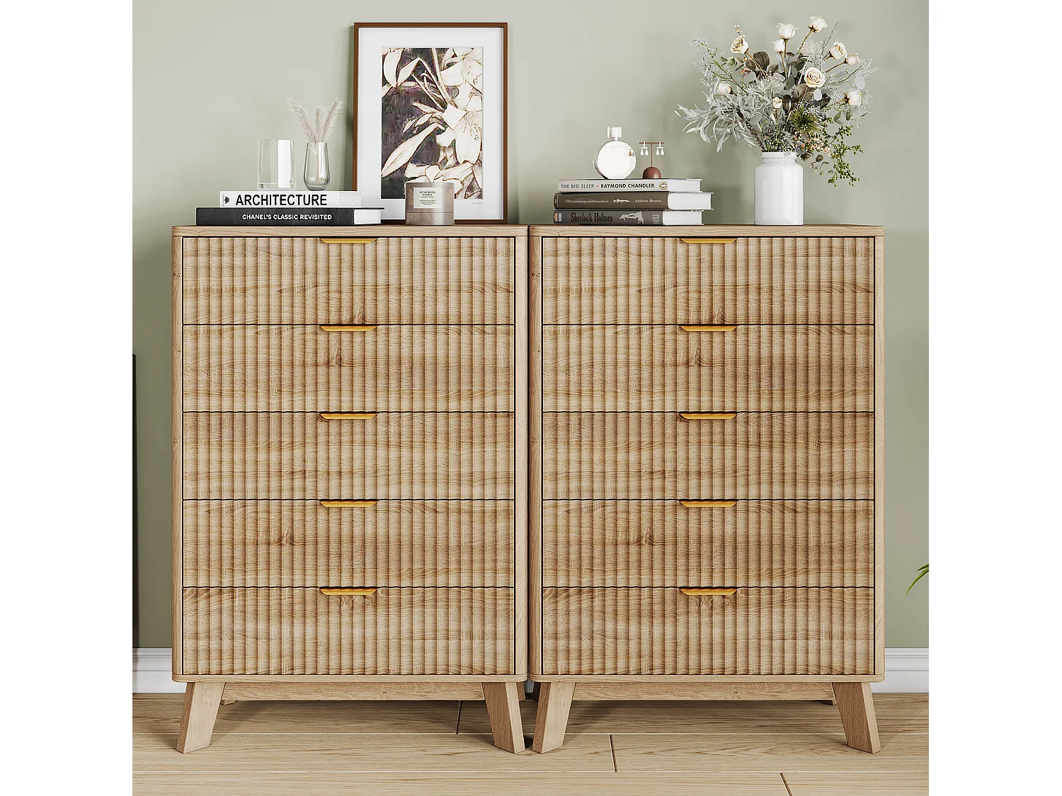 Commode 5 Tiroirs, Commode Chambre, Meuble de Rangement en Rotin-Bois,  73x40x108 cm, Couleur chêne