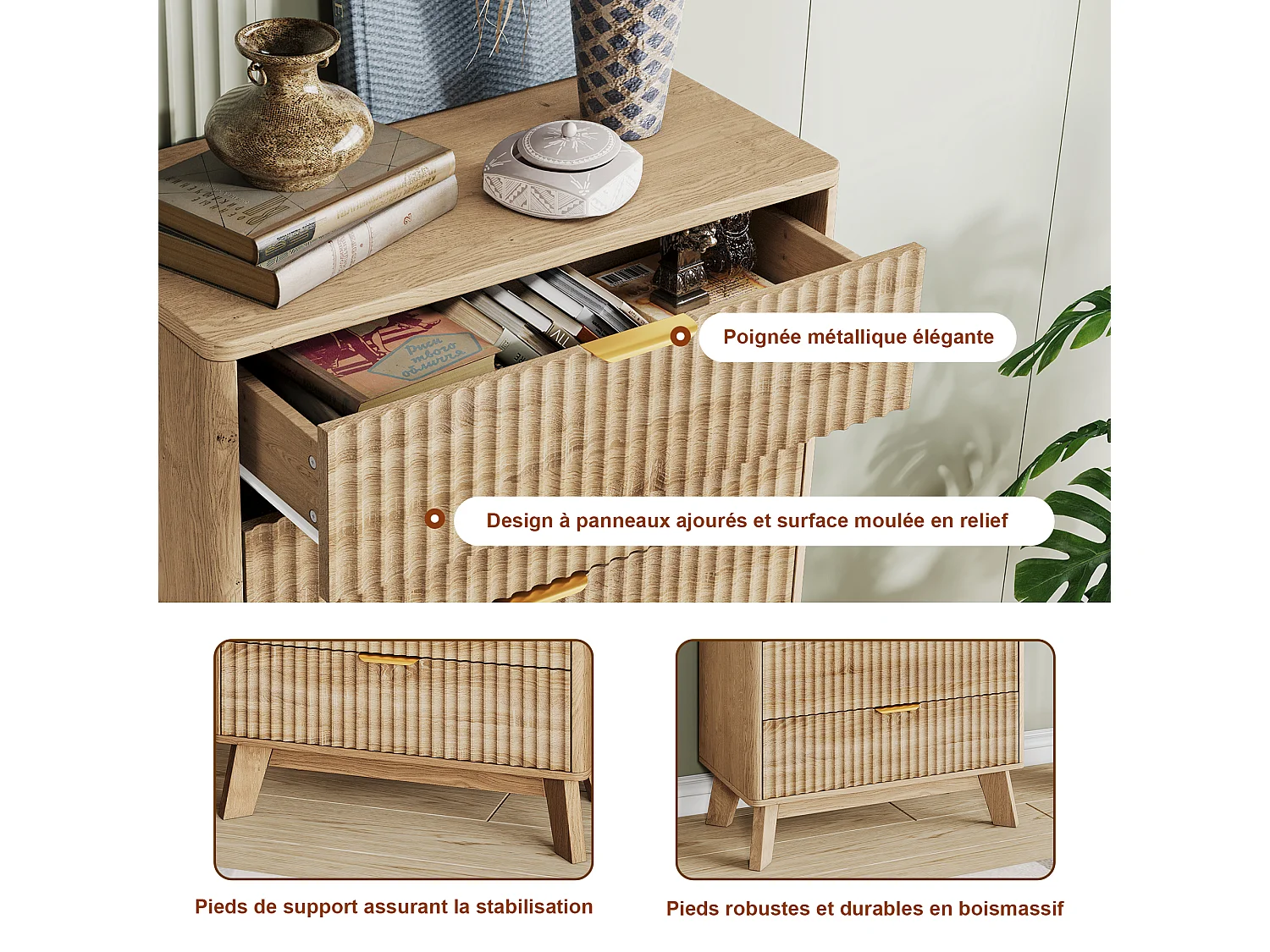 Commode 5 Tiroirs, Commode Chambre, Meuble de Rangement en Rotin-Bois,  73x40x108 cm, Couleur chêne