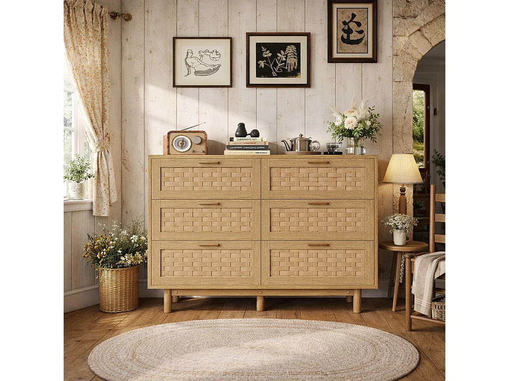 Commode 6 tiroirs chambre, avec conception anti-basculement et cadre en bois, commode en rotin buffet pour salon, 115x40x80 cm