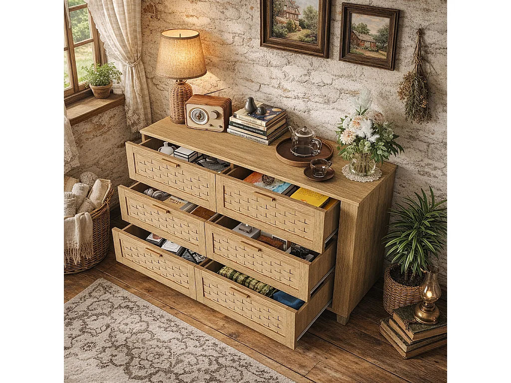 Commode 6 tiroirs chambre, avec conception anti-basculement et cadre en bois, commode en rotin buffet pour salon, 115x40x80 cm