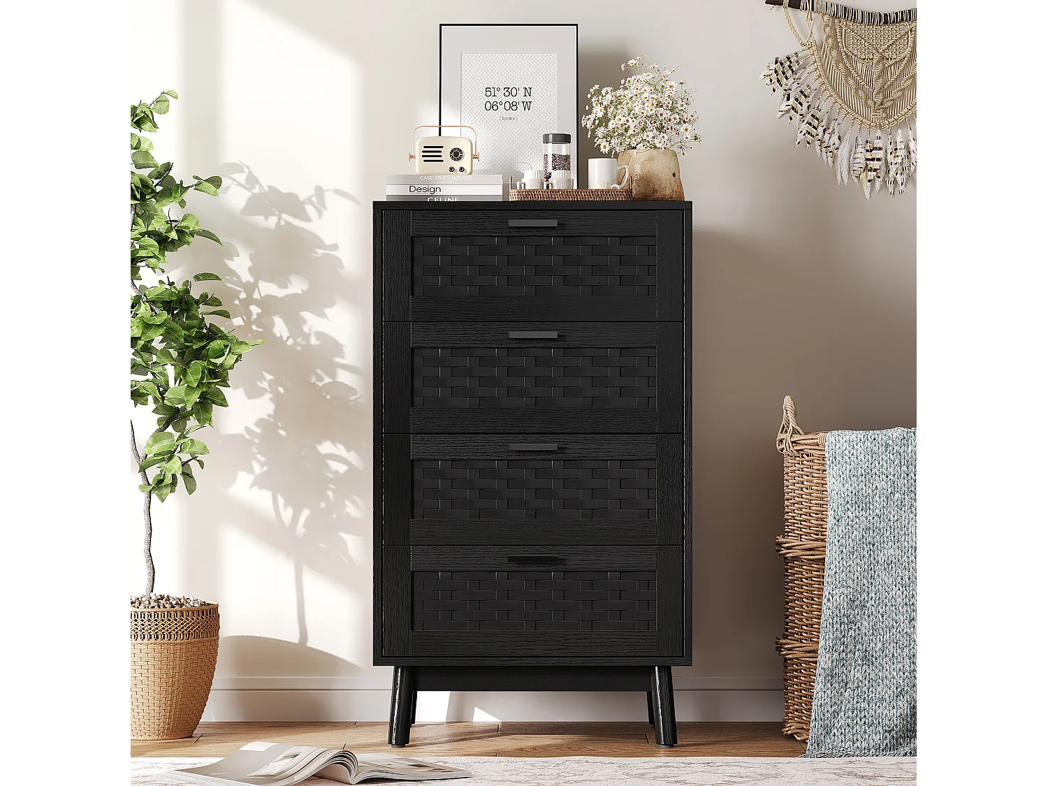 Commode 4 Tiroirs Effet Rotin PVC, Grande Capacité de Stockage, 55 x 39.8 x 95 cm, Noir