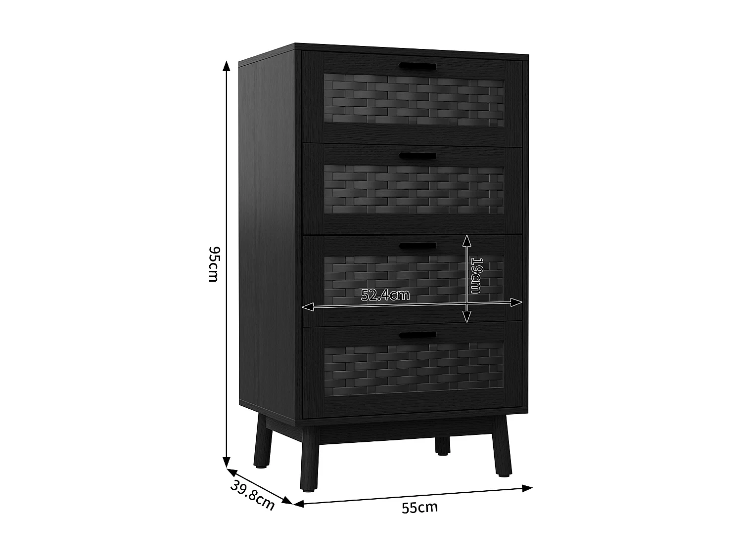 Commode 4 Tiroirs Effet Rotin PVC, Grande Capacité de Stockage, 55 x 39.8 x 95 cm, Noir