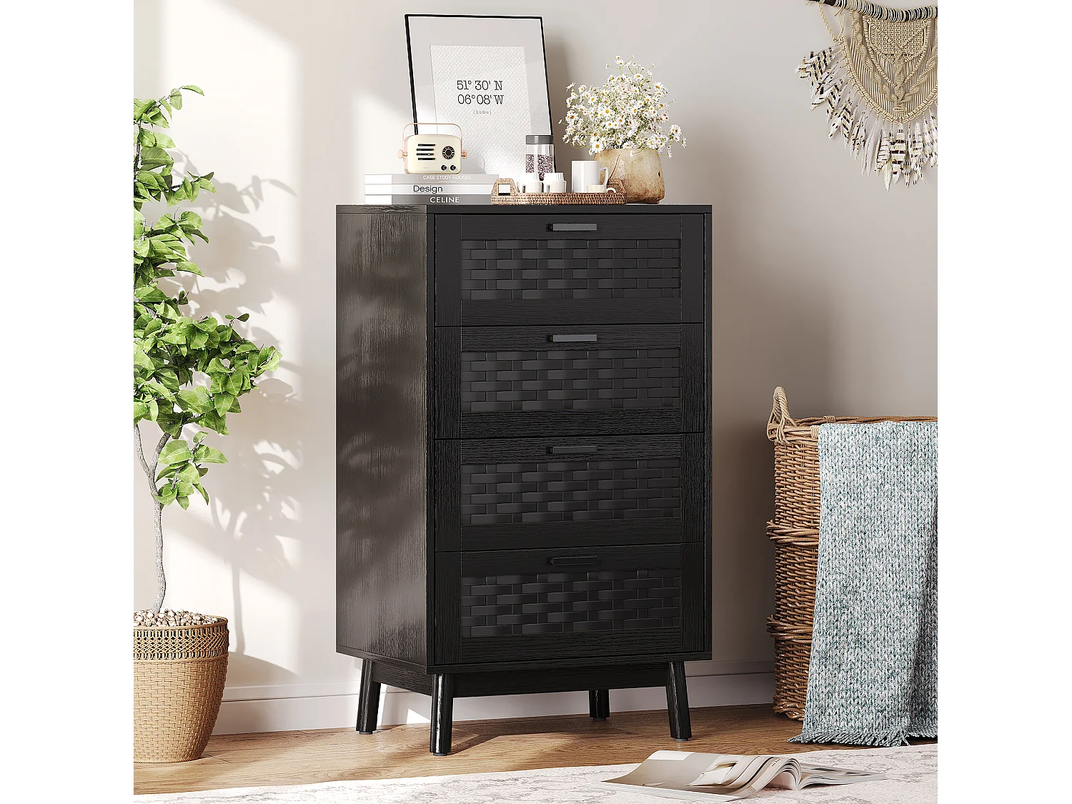 Commode 4 Tiroirs Effet Rotin PVC, Grande Capacité de Stockage, 55 x 39.8 x 95 cm, Noir