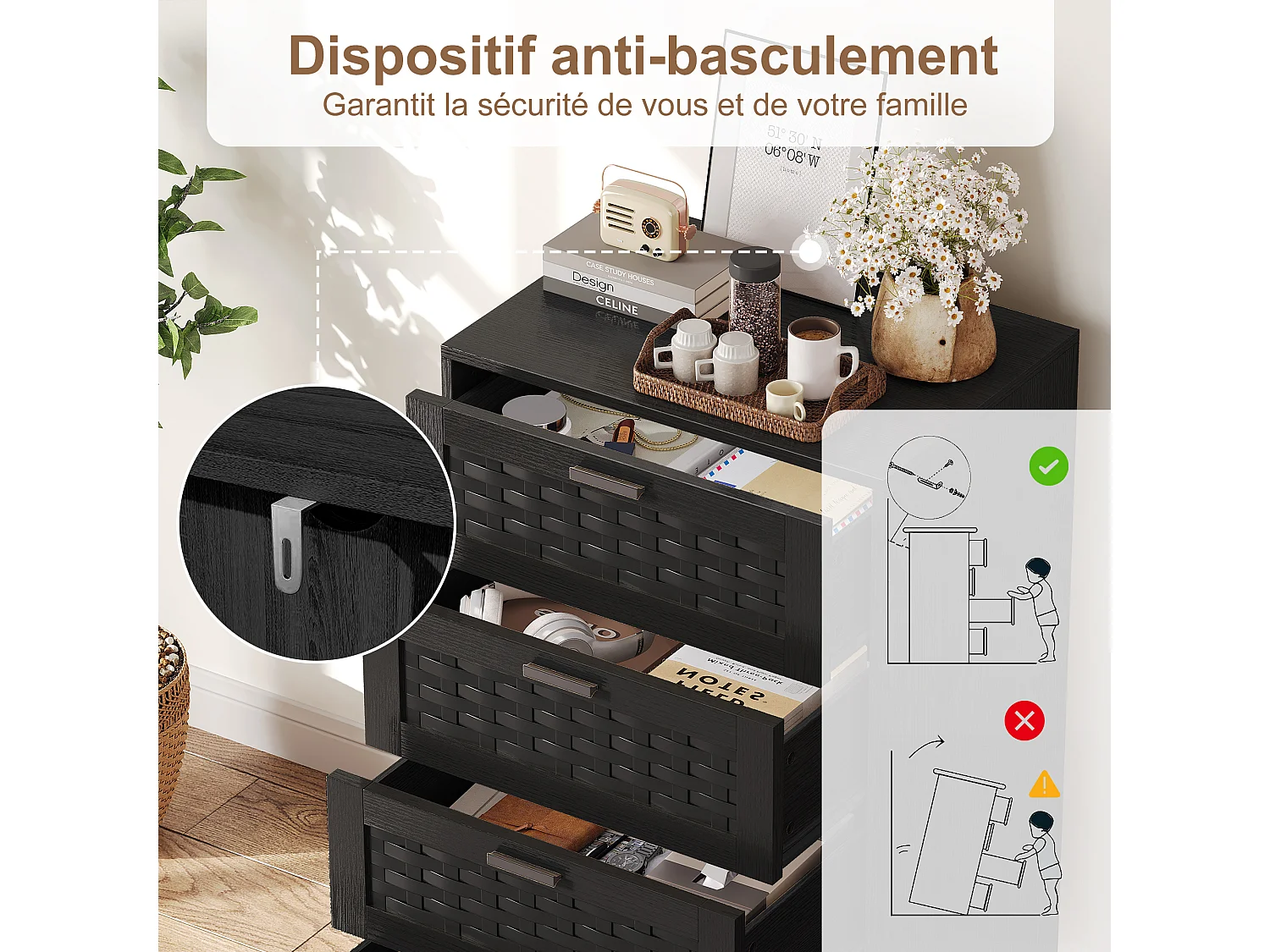 Commode 4 Tiroirs Effet Rotin PVC, Grande Capacité de Stockage, 55 x 39.8 x 95 cm, Noir