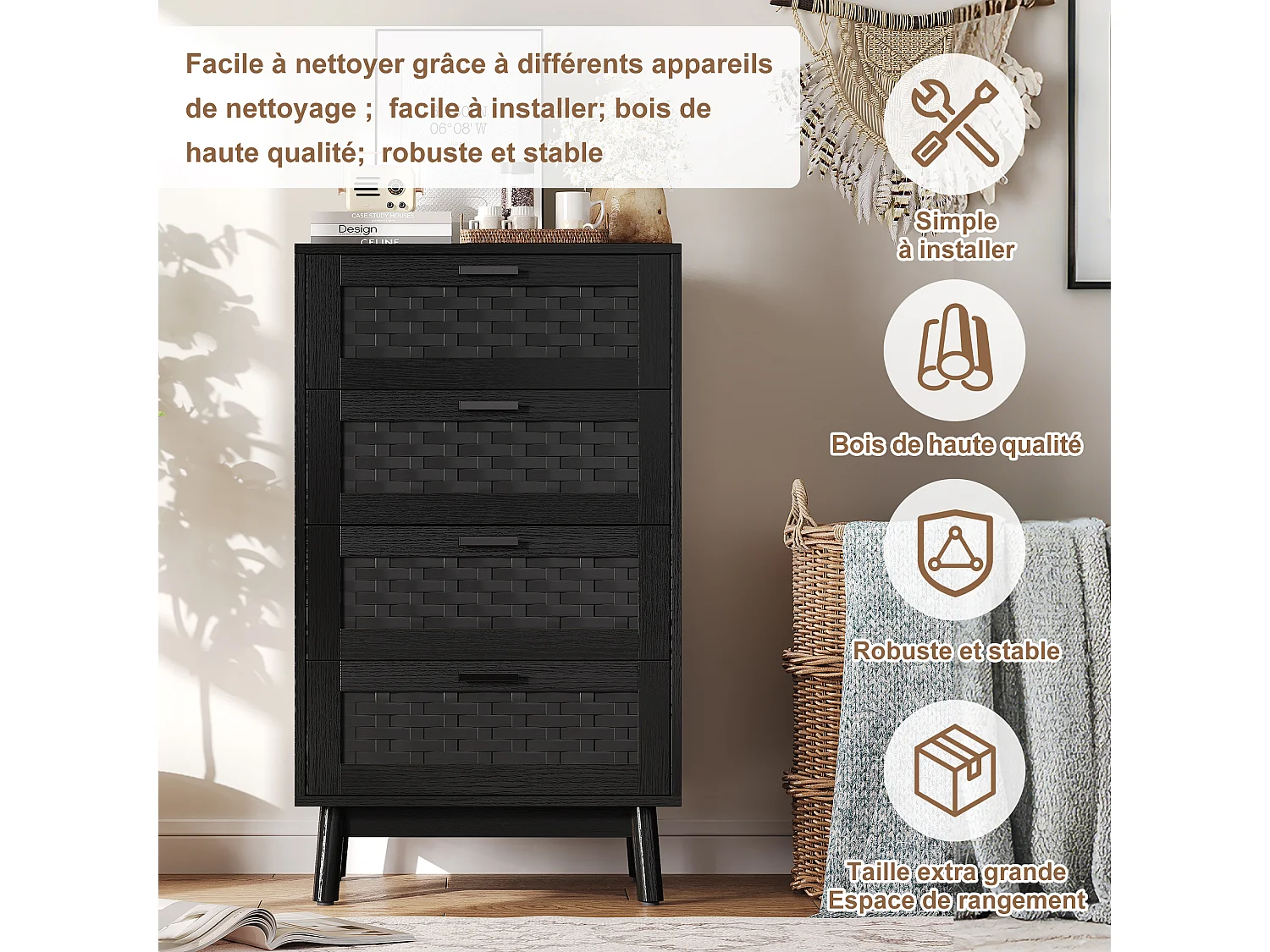 Commode 4 Tiroirs Effet Rotin PVC, Grande Capacité de Stockage, 55 x 39.8 x 95 cm, Noir