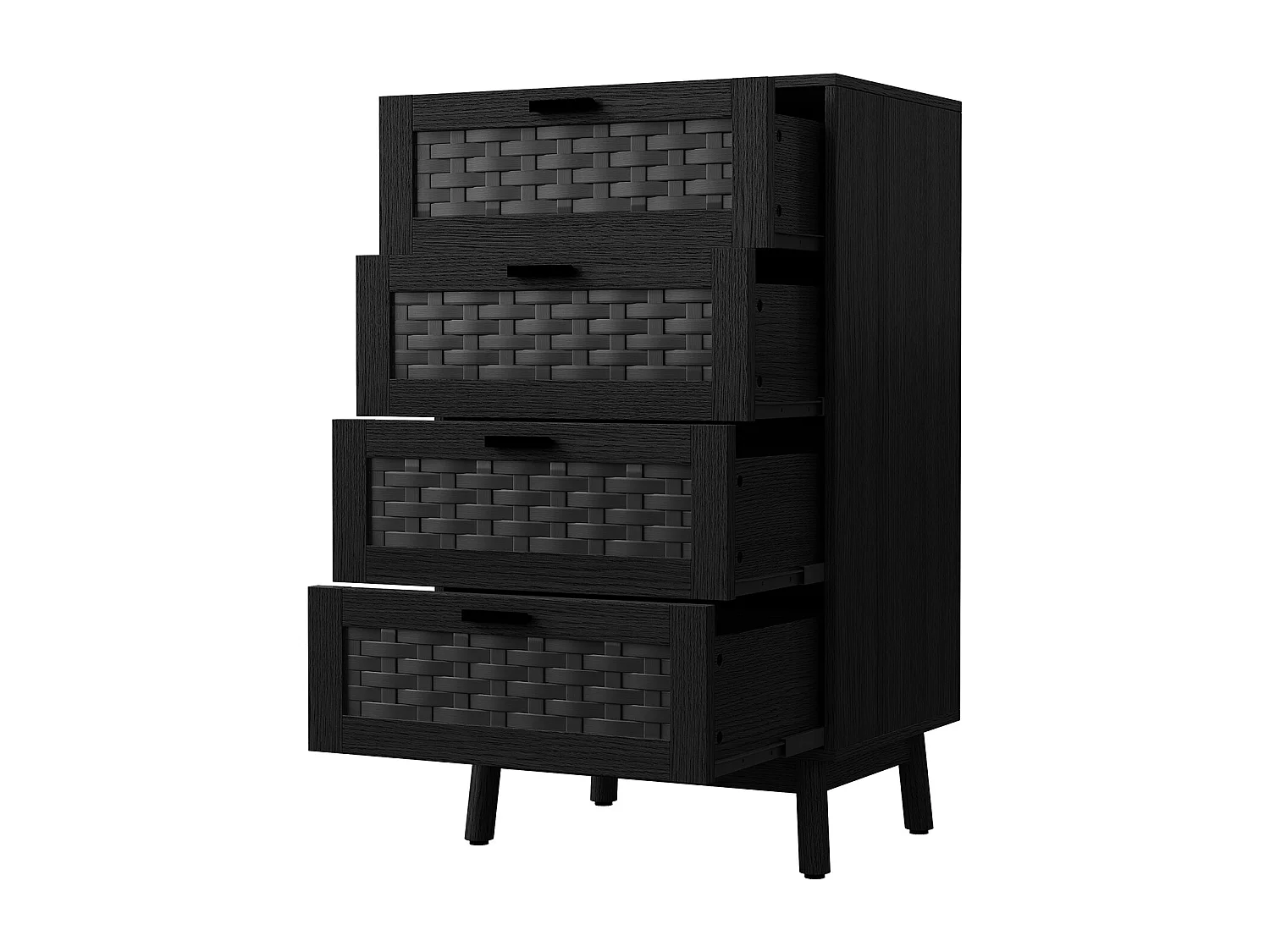 Commode 4 Tiroirs Effet Rotin PVC, Grande Capacité de Stockage, 55 x 39.8 x 95 cm, Noir
