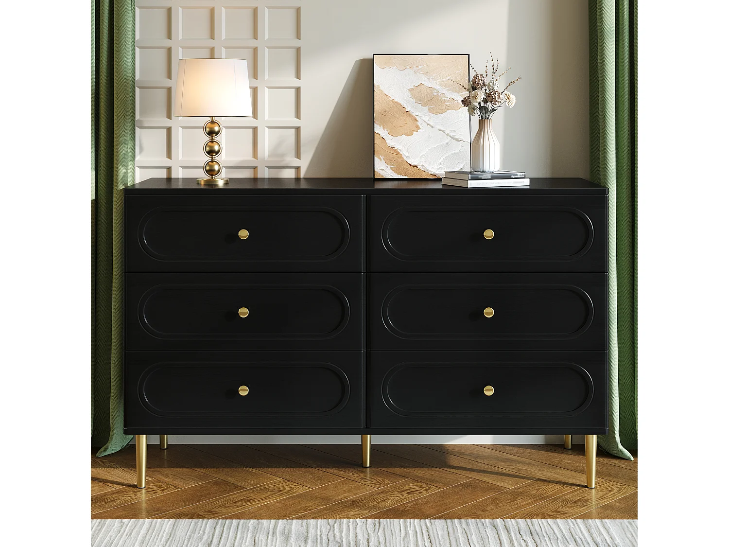 Moderne Kommode mit 6 Schubladen fürs Wohnzimmer – 120 x 40 x 75 cm – ovale Regalböden – Metallbeine – MDF + Spanplatte – schwarz