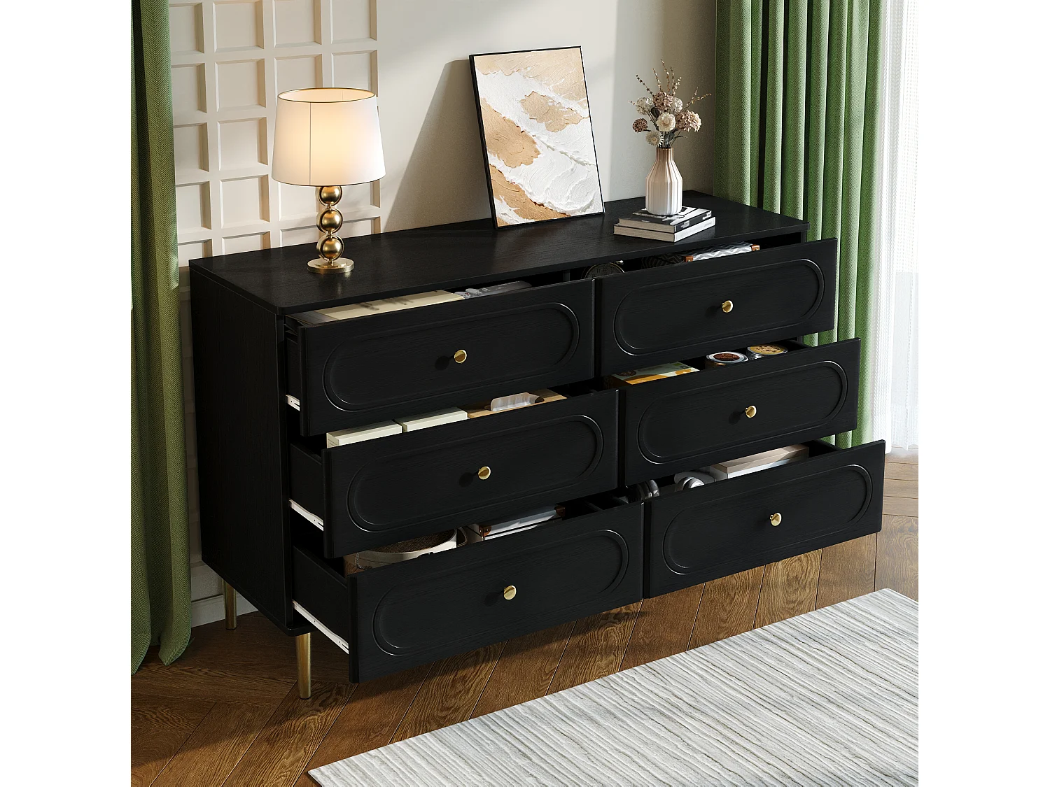 Moderne Kommode mit 6 Schubladen fürs Wohnzimmer – 120 x 40 x 75 cm – ovale Regalböden – Metallbeine – MDF + Spanplatte – schwarz