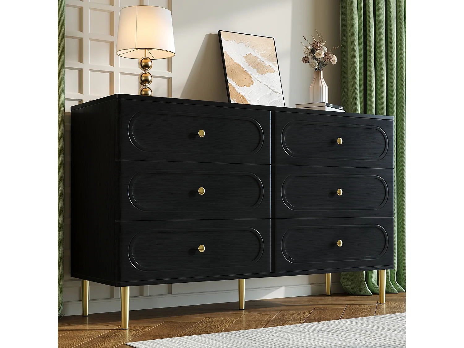 Moderne Kommode mit 6 Schubladen fürs Wohnzimmer – 120 x 40 x 75 cm – ovale Regalböden – Metallbeine – MDF + Spanplatte – schwarz